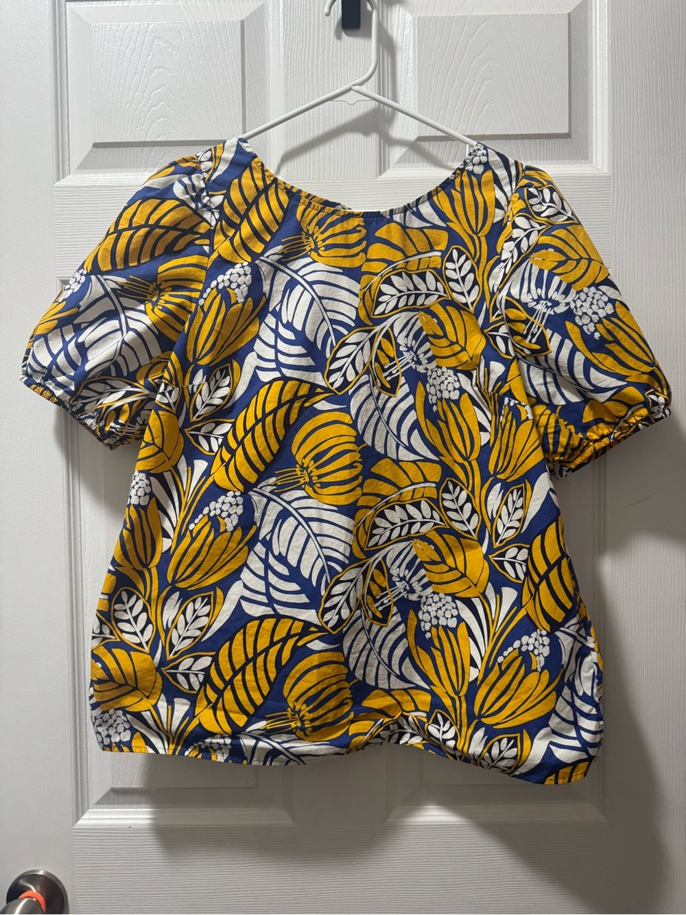 Talbots Yellow and Navy Floral Puff-Sleeve Blouse